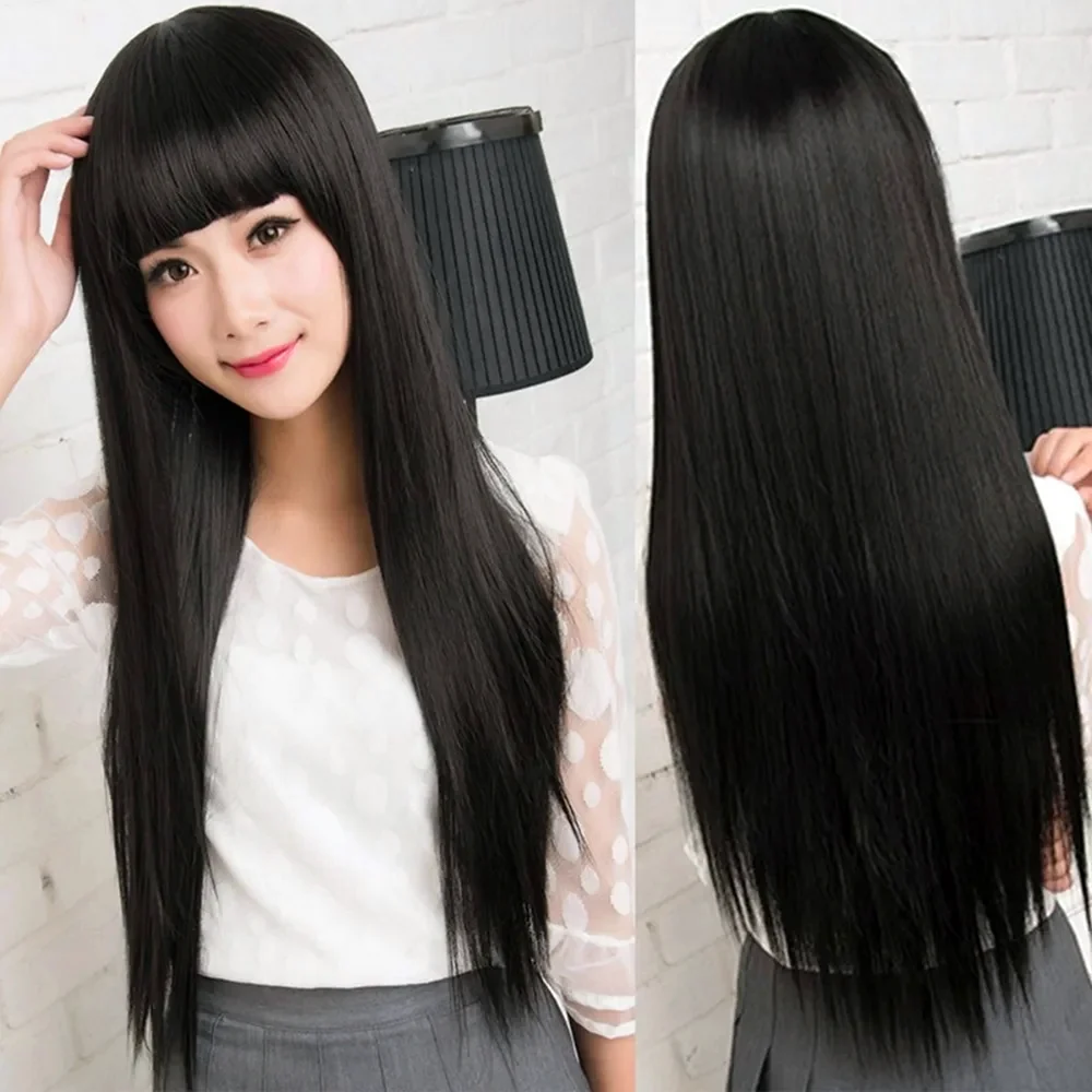 Длинные темные прямые волосы с челкой прямой