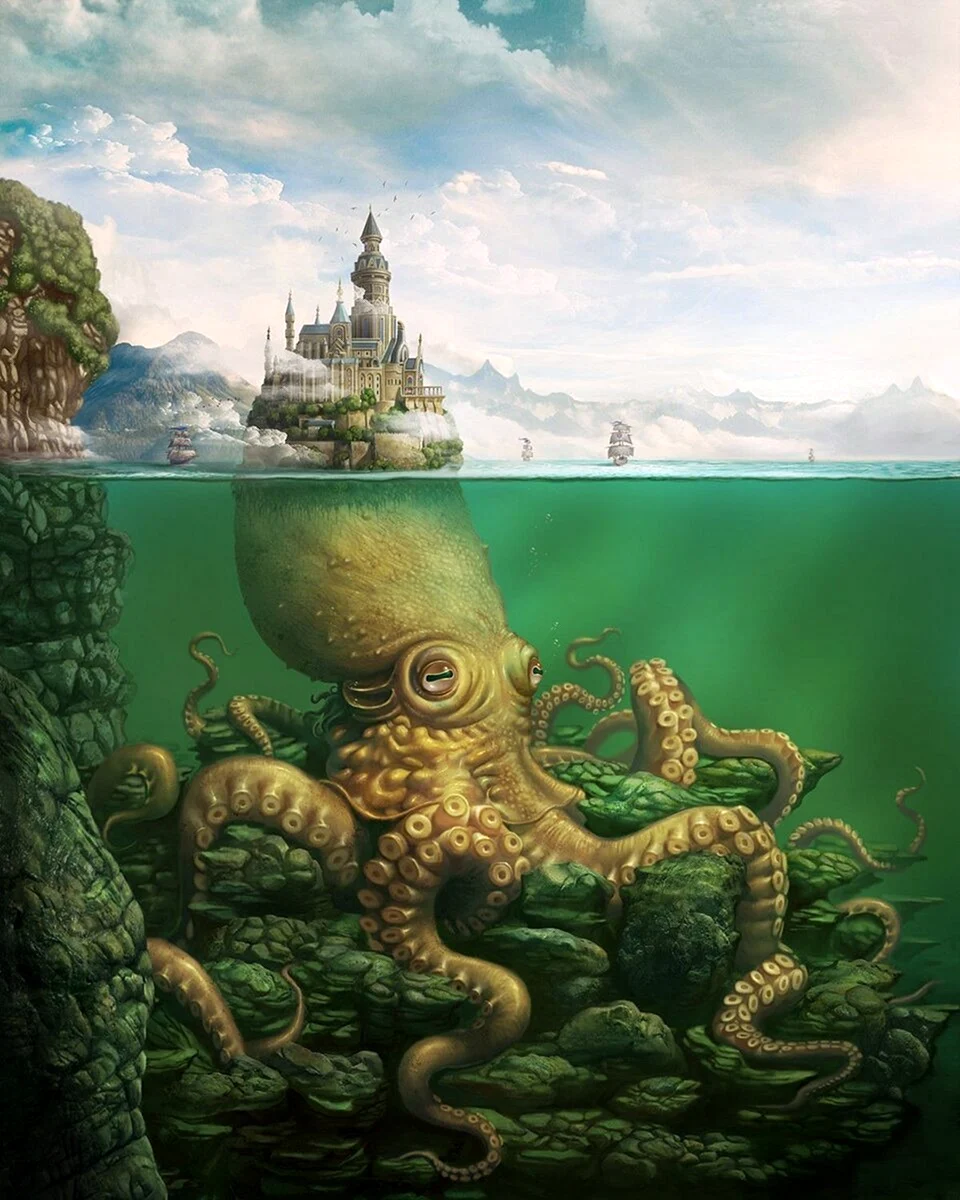 Гигантский осьминог Кракен. Морское чудовище.